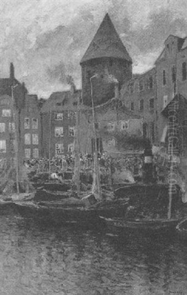 Fischerhafen In Danzig Oil Painting by Adolf Kaufmann