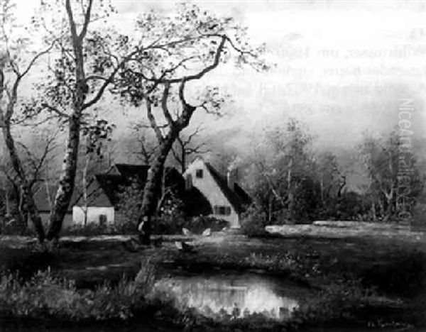 Bauerngehoft Neben Einem Kleinen Weiher Oil Painting by Adolf Kaufmann