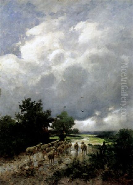 Heimkehrende Schafherde Bei Abziehendem Gewitter Oil Painting by Adolf Kaufmann