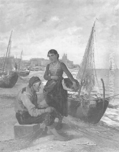 Italienisches Fischermadchen Beim Vater Am Strand Oil Painting by Adolf Kaufmann