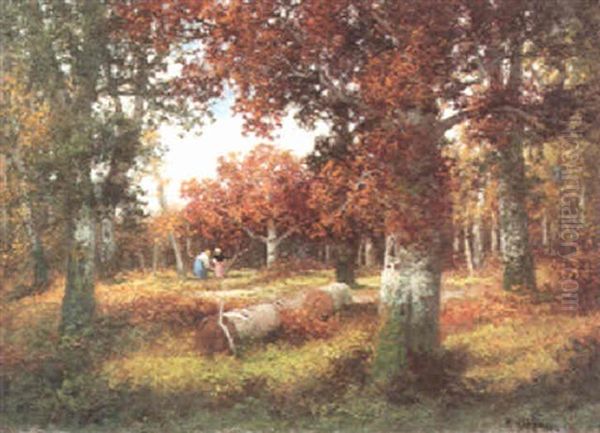 Herbstwald Mit Reisigsammlerinnen Oil Painting by Adolf Kaufmann