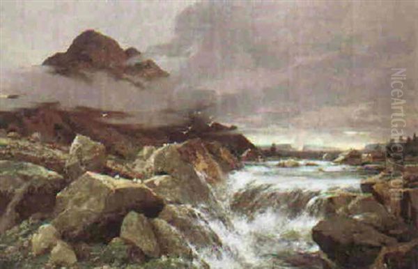 Norwegische Landschaft Mit Wasserfall Oil Painting by Adolf Kaufmann