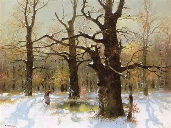 Reisigsammlerin Im Winterwald Oil Painting by Adolf Kaufmann