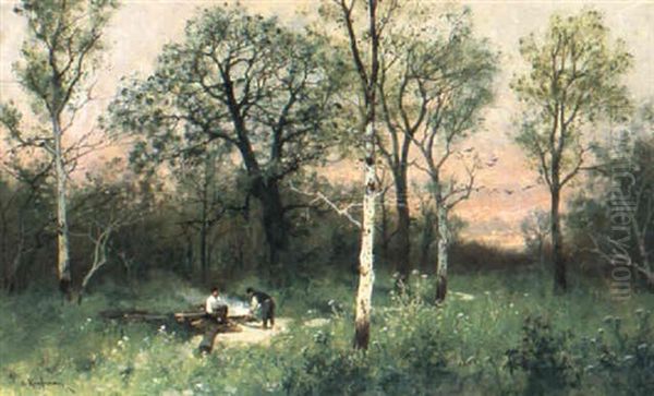 Holzf,ller Im Wald Oil Painting by Adolf Kaufmann