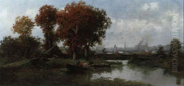 Fischer Am Ufer, Im Hintergrund Eine Grossstadt Oil Painting by Adolf Kaufmann