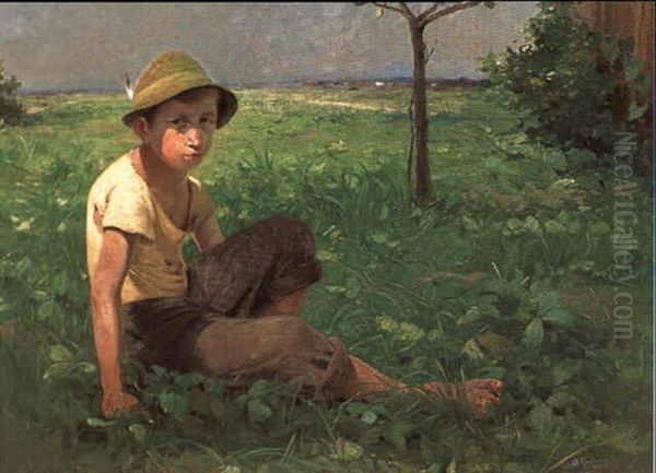 Sitzender Knabe In Einer Weiten Landschaft Oil Painting by Adolf Kaufmann