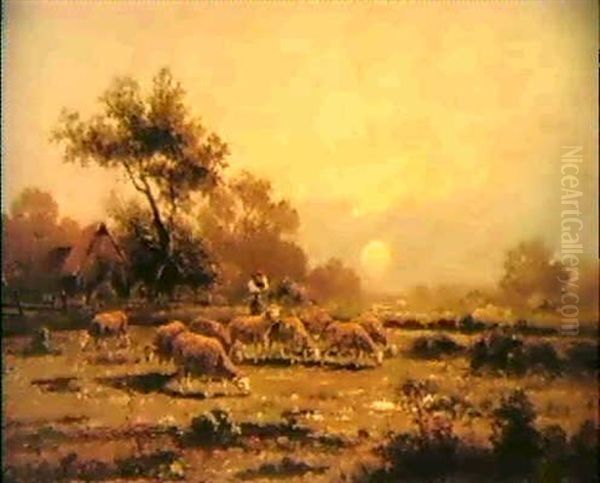 Madchen Mit Schafen Bei Sonnenuntergang Oil Painting by Adolf Kaufmann