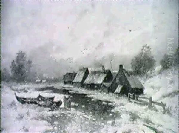 Winterlandschaft Mit Bauernhausern An Einem Teich Oil Painting by Adolf Kaufmann