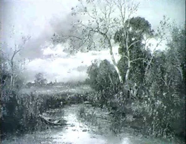 Vertraumter Teich Mit Einem Nachen Links, Rechts Am Ufer Im Unterholz Reisigsammlerinnen Oil Painting by Adolf Kaufmann