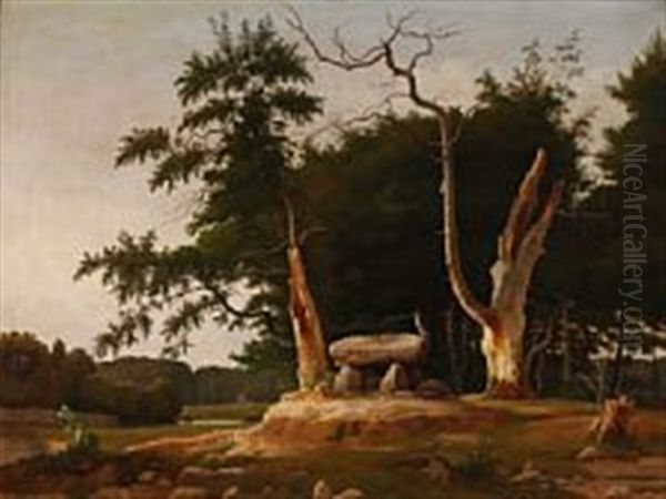 Landscape With A Bird Of Prey Sitting On A Dolmen Oil Painting by Asmus Kaufmann