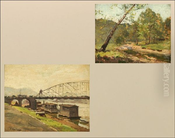 Monogahela River Wharf, Pittsburgh, Pa (+ Lowry's Run Near Pgh, Pa; 2 Works) Oil Painting by Ferdinand Kaufmann