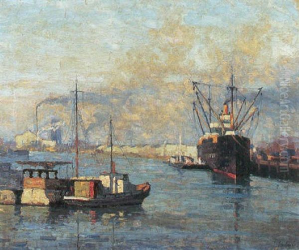 Morning At Lumber Wharf, Los Angeles Harbor Oil Painting by Ferdinand Kaufmann