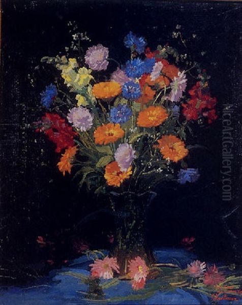 A Colorful Floral Still Life Oil Painting by Ferdinand Kaufmann