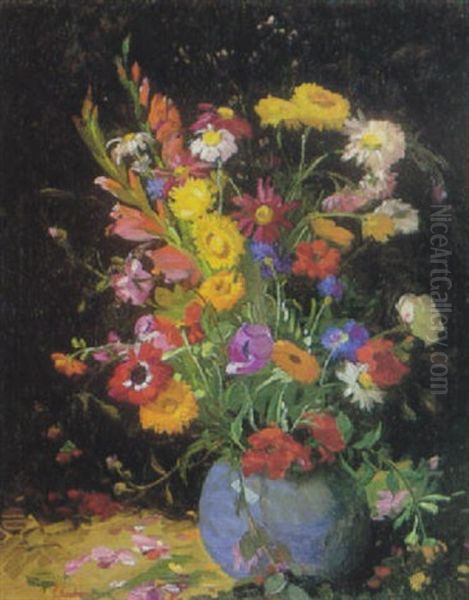 Floral Still Life In A Blue Vase Oil Painting by Ferdinand Kaufmann