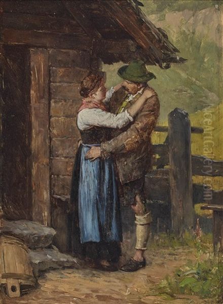 A Lad And A Girl In Front Of An Alpine Hut Oil Painting by Hugo Kaufmann