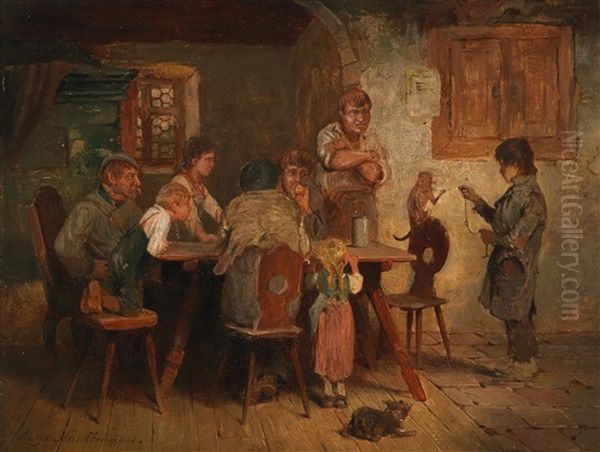 Monkey In The Tavern Oil Painting by Hugo Kaufmann