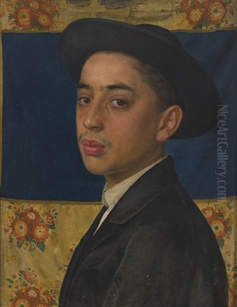 Young Man In Hat, Before A Parochet Oil Painting by Isidor Kaufmann