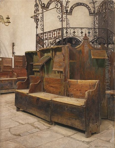 Interior Of The Holleschau Synagogue Oil Painting by Isidor Kaufmann