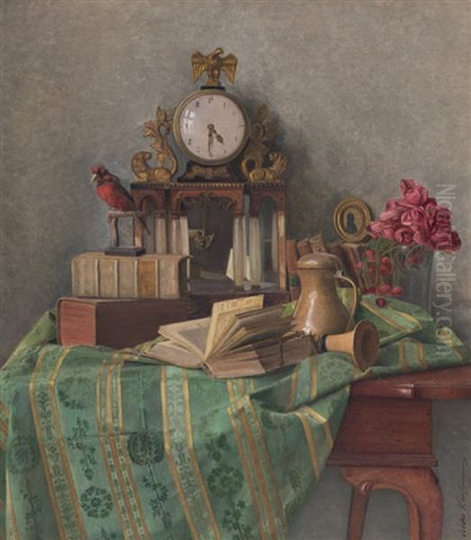 Stillleben Mit Uhr, Buchern, Blumen Und Vogel Oil Painting by Isidor Kaufmann