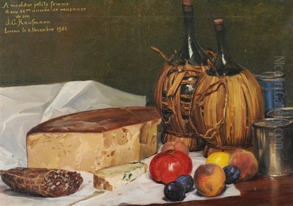 Stillleben Mit Wein, Fruchten Und Kase Oil Painting by Joseph Klemens Kaufmann