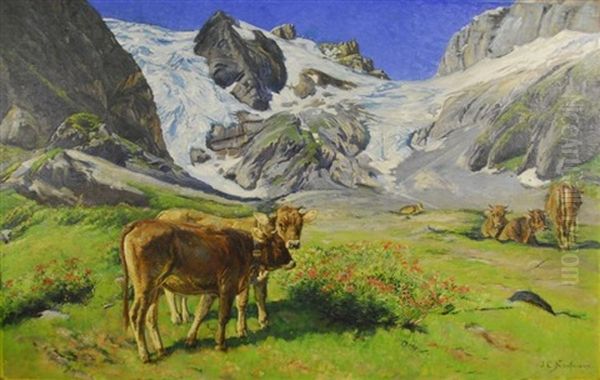 Cows In Alpine Landscape Oil Painting by Joseph Klemens Kaufmann