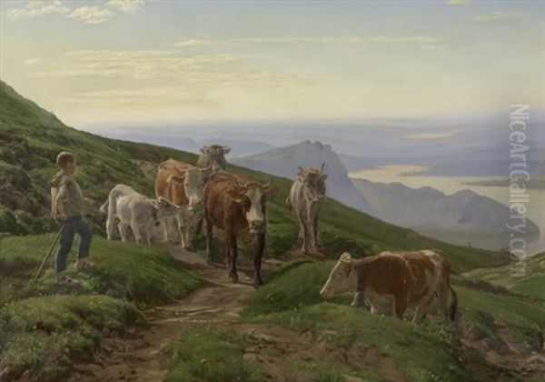 Kuhe Auf Der Klewenalb Am Vierwaldstattersee Oil Painting by Joseph Klemens Kaufmann