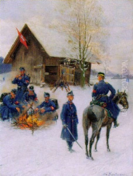 Rastende Schweizer Miliz In Winterlandschaft Oil Painting by Joseph Klemens Kaufmann