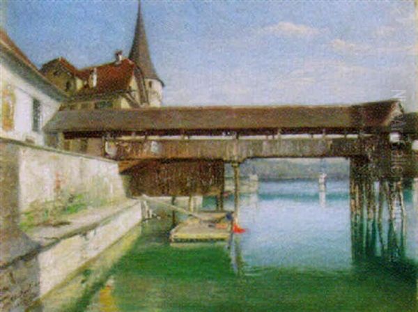 Die Alte Kappelbrucke Beim Zurgilgenhaus Oil Painting by Joseph Klemens Kaufmann