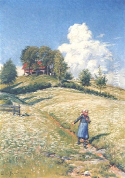 Hugellandschaft Mit Hirtenmadchen Und Bauernhaus Bei Horw Oil Painting by Joseph Klemens Kaufmann