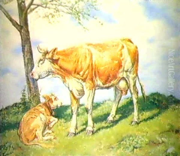 Kuh Mit Kalbchen Oil Painting by Joseph Klemens Kaufmann