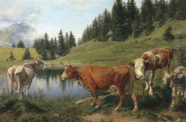 Kuhe Am Bergsee Oil Painting by Joseph Klemens Kaufmann