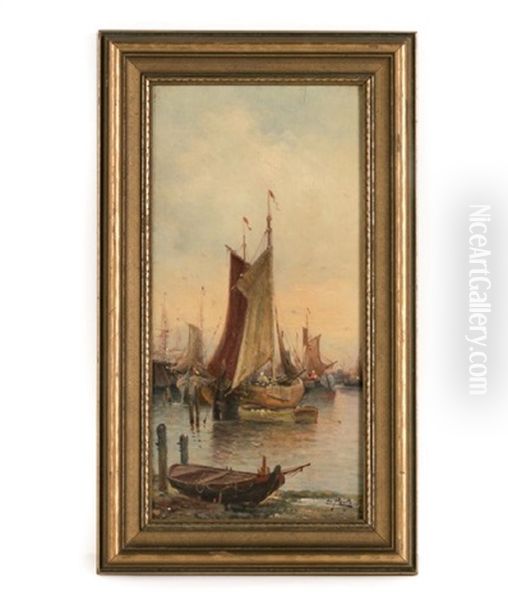 Dutch Fishing Boats At Dock Oil Painting by Karl Kaufmann