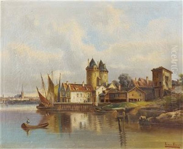 Alte Nordische Hafenstadt Mit Booten Oil Painting by Karl Kaufmann