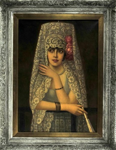 Portrait Einer Spanierin Mit Mantilla Und Facher Oil Painting by Anton Kaulbach