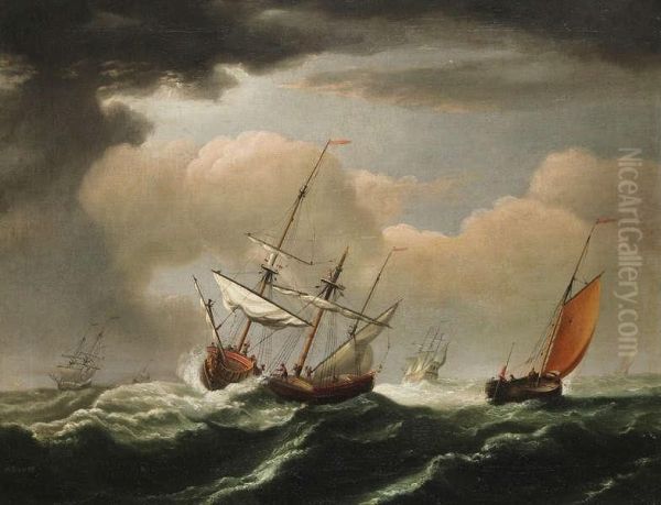 Marine Met Zeilschepen Bijonweerachtig Weer Oil Painting by Nicolaas Bauer