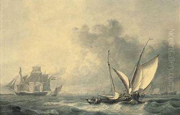 Fishermen Hauling In Their Nets Off The Dutch Coast Oil Painting by Nicolaas Bauer