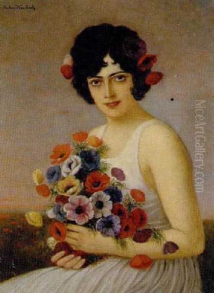 Junge Frau Mit Einem Anemonenstraus Oil Painting by Anton Kaulbach