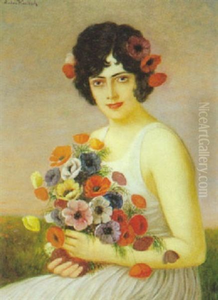 Junges Madchen Mit Anemonenstraus Oil Painting by Anton Kaulbach