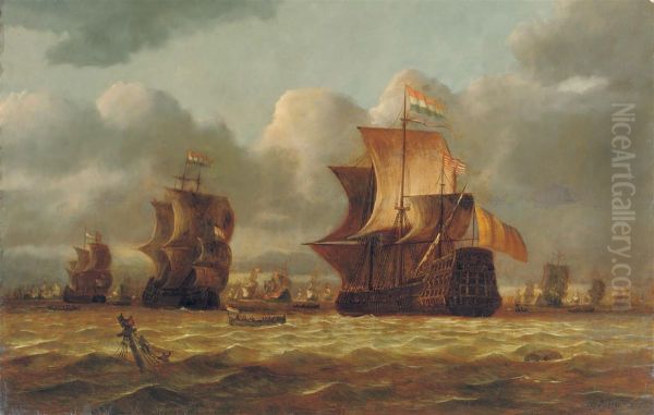 Shipping In Choppy Waters With A Shipwreck In The Foreground Oil Painting by Nicolaas Bauer