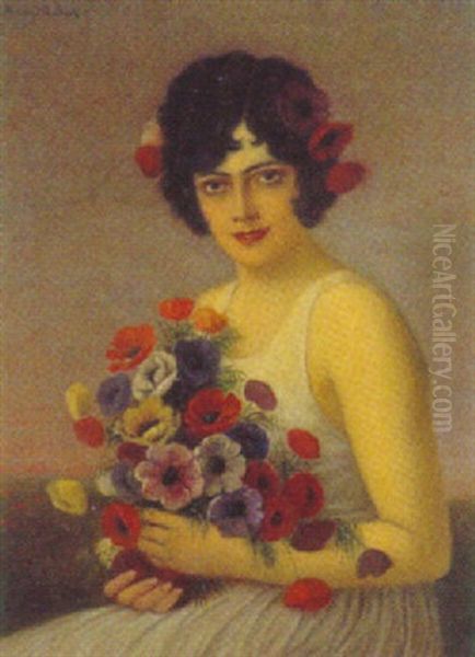 Portrait Einer Jungen Frau Mit Anemonenstraus Oil Painting by Anton Kaulbach