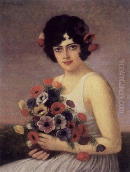 Junges Madchen Mit Einem Anemonenstraus Oil Painting by Anton Kaulbach