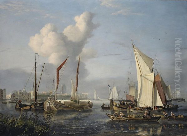 A View Of The Port At Dordrecht Oil Painting by Nicolaas Bauer