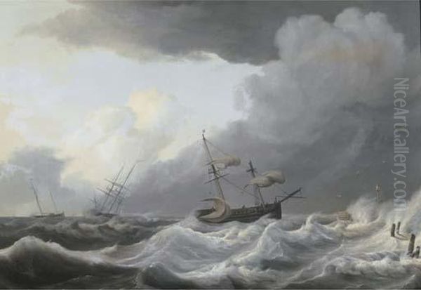 Shipping Offshore In A Gale Oil Painting by Nicolaas Bauer