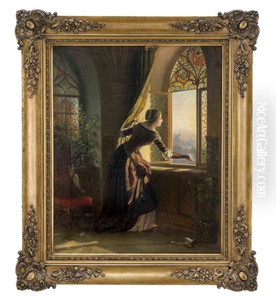 Burginterieur Mit Dame, Die Aus Dem Fester Blickt Oil Painting by Friedrich August von Kaulbach