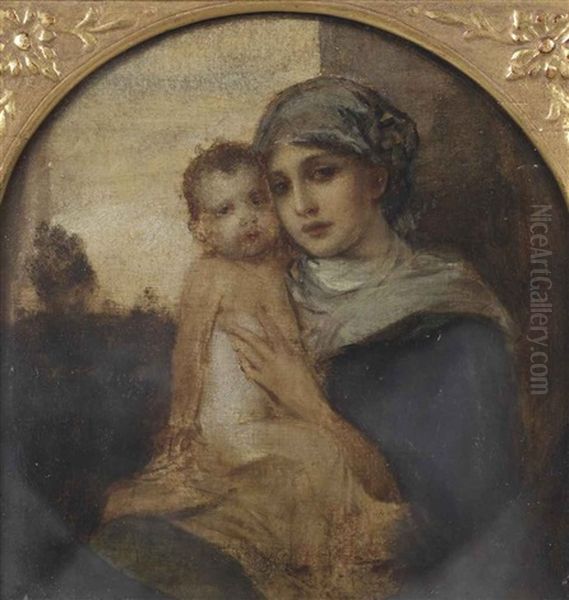 Portrait Of A Mother And Child, Said To Be The Artist's Wife Frida Scotta (1869-1949) And Child, In A Painted Tondo Oil Painting by Friedrich August von Kaulbach