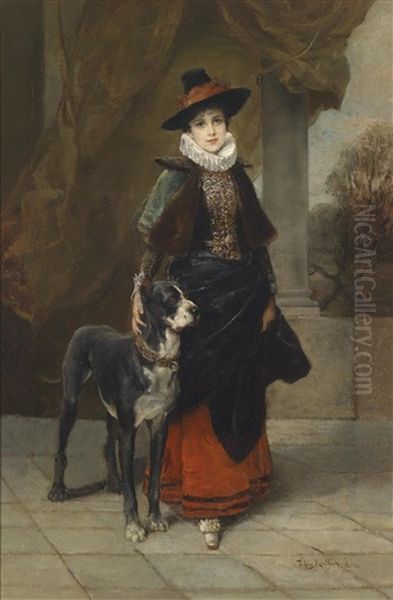 Bildnis Einer Dame Im Historisierenden Kostum Mit Dogge Oil Painting by Friedrich August von Kaulbach