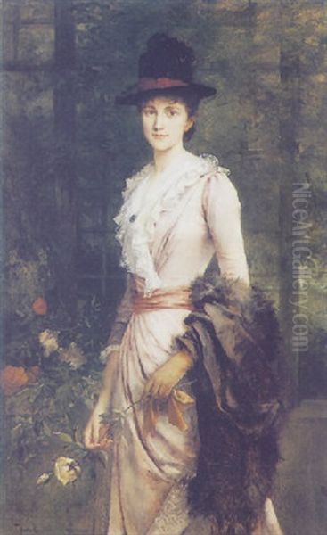 Lady With Boa And Rose Oil Painting by Friedrich August von Kaulbach