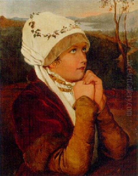 Portrait Of A Young Girl, Half-length, In Contemplation Oil Painting by Friedrich August von Kaulbach