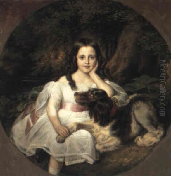 Young Girl Resting In A Landscape With Her Dog Oil Painting by Friedrich August von Kaulbach