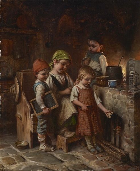 Kinder In Der Kuche Oil Painting by Hermann Kaulbach